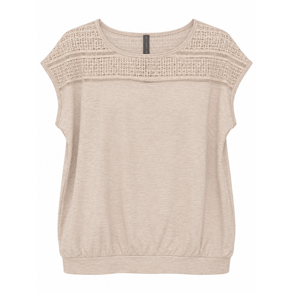 Lane Bryant Crochet Lace Yoke Top Oatmeal Beige Tan Short Sleeve Plus Size 18/20
